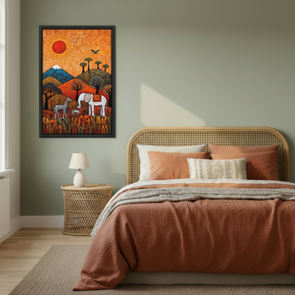 Folk Safari Animals Canvas Wall Art framed above a copper bed against a muted green wall.