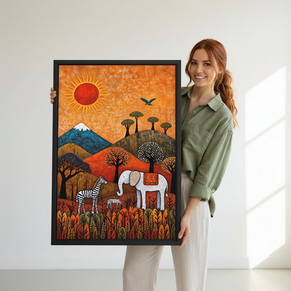 Folk Safari Animals Canvas Wall Art held in a black frame by a standing woman in green.