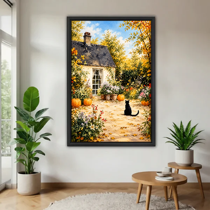 Cottage Garden Cat Canvas Wall Art framed above a warm wood table with leafy plants.