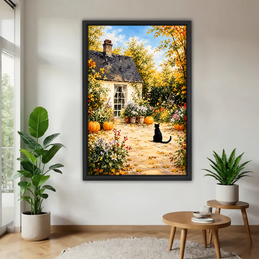Cottage Garden Cat Canvas Wall Art framed above a warm wood table with leafy plants.