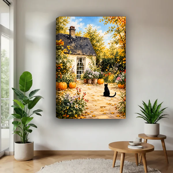 Cottage Garden Cat Canvas Wall Art unframed above a wood table with green plants.