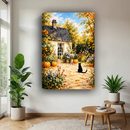 Cottage Garden Cat Canvas Wall Art unframed above a wood table with green plants.