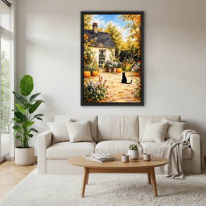Cottage Garden Cat Canvas Wall Art framed above a white sofa and round coffee table.