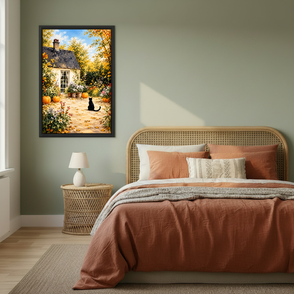 Cottage Garden Cat Canvas Wall Art framed above a copper bed against a muted green wall.