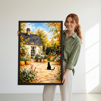 Cottage Garden Cat Canvas Wall Art held in a black frame by a standing woman in green.