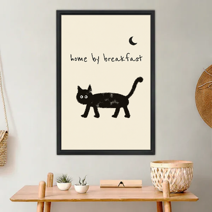 Home By Breakfast Cat Canvas Wall Art framed above a light wood console with cacti.