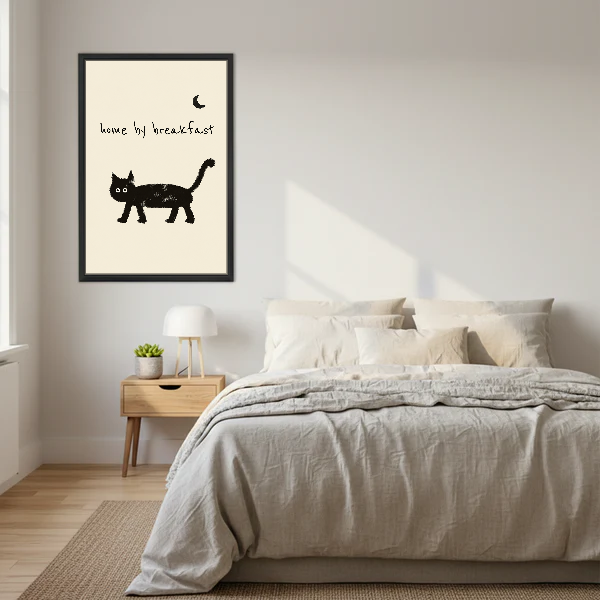 Home By Breakfast Cat Canvas Wall Art framed above a cream bed with wooden nightstands.