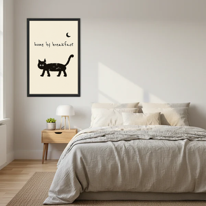 Home By Breakfast Cat Canvas Wall Art framed above a cream bed with wooden nightstands.