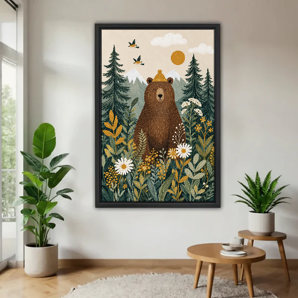 Cozy Forest Bear Canvas Wall Art framed above a warm wood table with leafy plants.