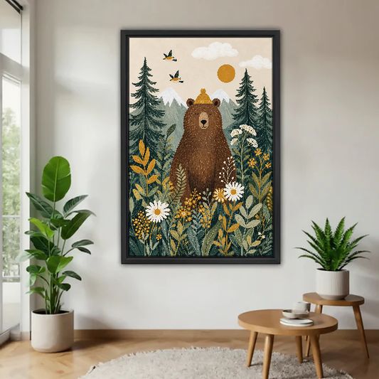 Cozy Forest Bear Canvas Wall Art framed above a warm wood table with leafy plants.