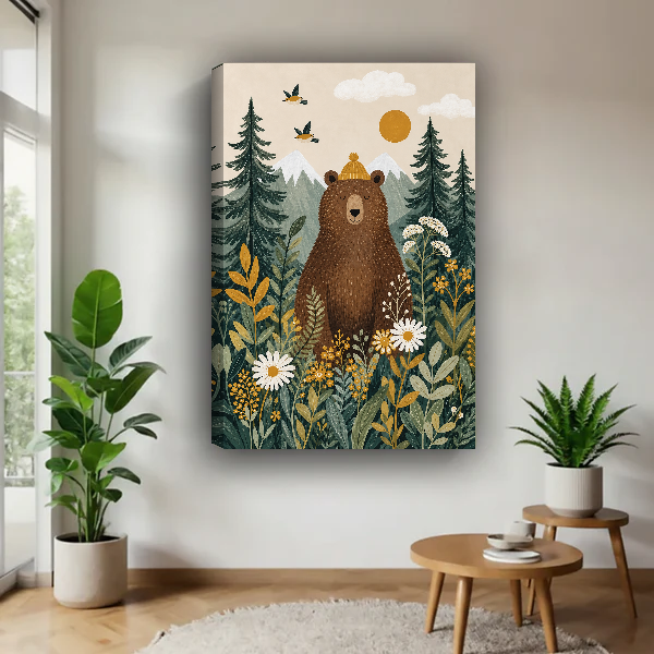 Cozy Forest Bear Canvas Wall Art unframed above a wood table with green plants.