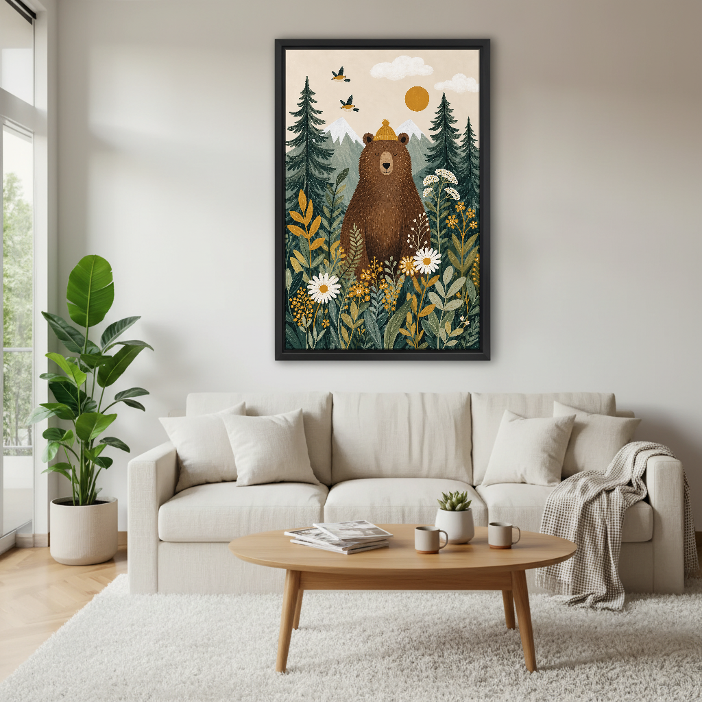 Cozy Forest Bear Canvas Wall Art framed above a white sofa and round coffee table.