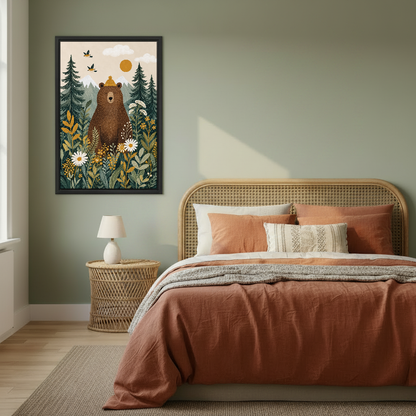 Cozy Forest Bear Canvas Wall Art framed above a copper bed against a muted green wall.