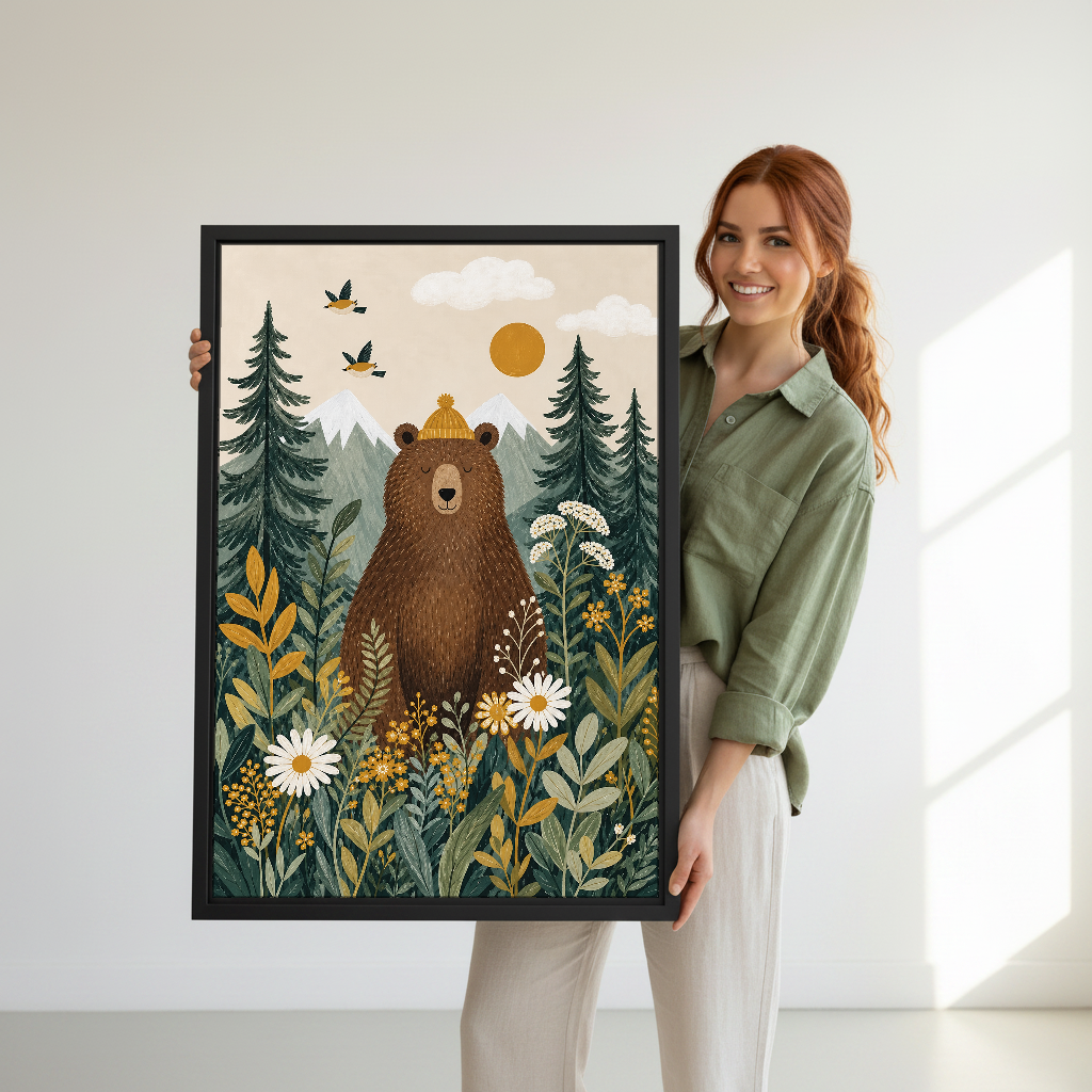 Cozy Forest Bear Canvas Wall Art held in a black frame by a standing woman in green.