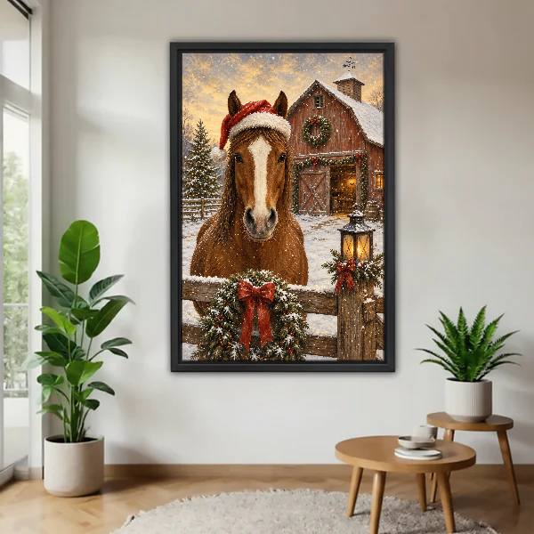 Santa Hat Horse Canvas Wall Art framed above a warm wood table with leafy plants.