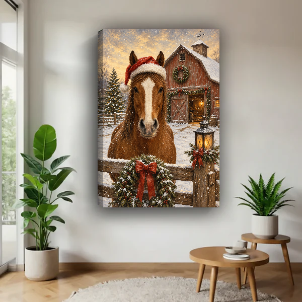 Santa Hat Horse Canvas Wall Art unframed above a wood table with green plants.