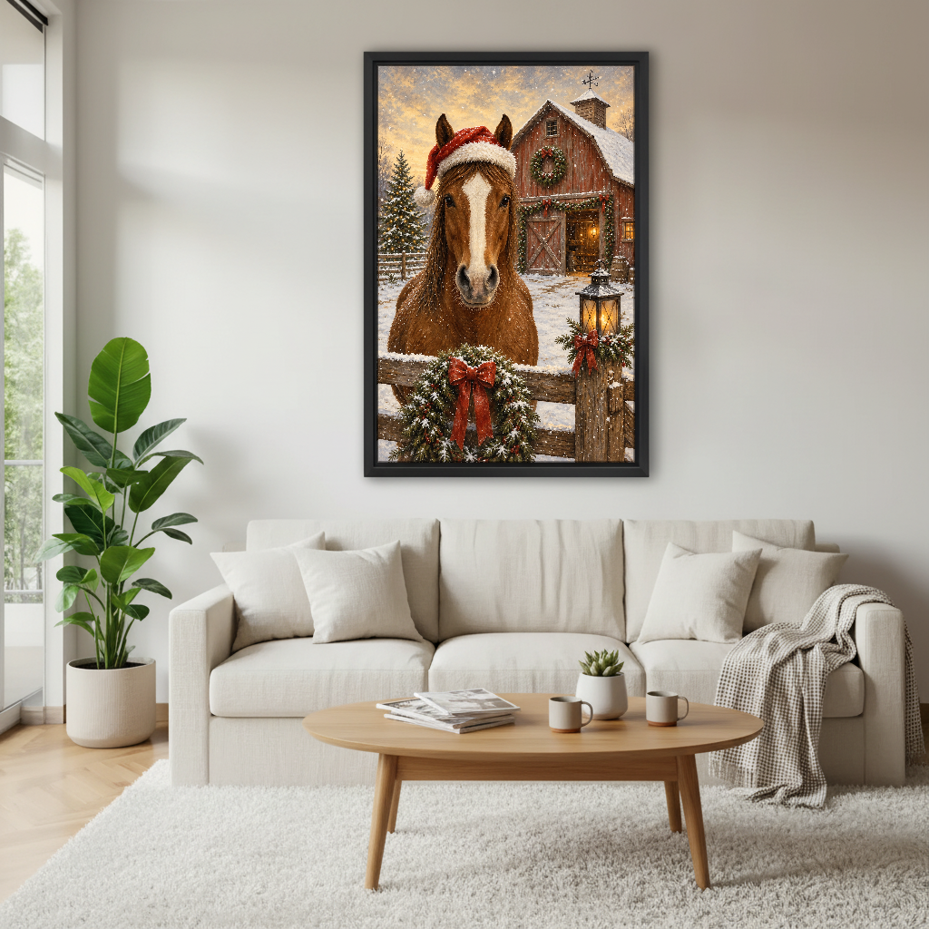 Santa Hat Horse Canvas Wall Art framed above a white sofa and round coffee table.