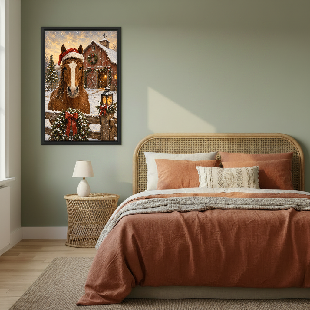 Santa Hat Horse Canvas Wall Art framed above a copper bed against a muted green wall.