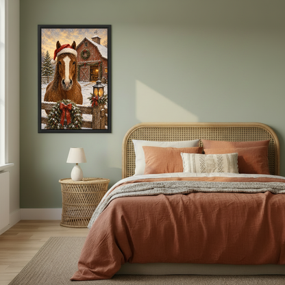 Santa Hat Horse Canvas Wall Art framed above a copper bed against a muted green wall.