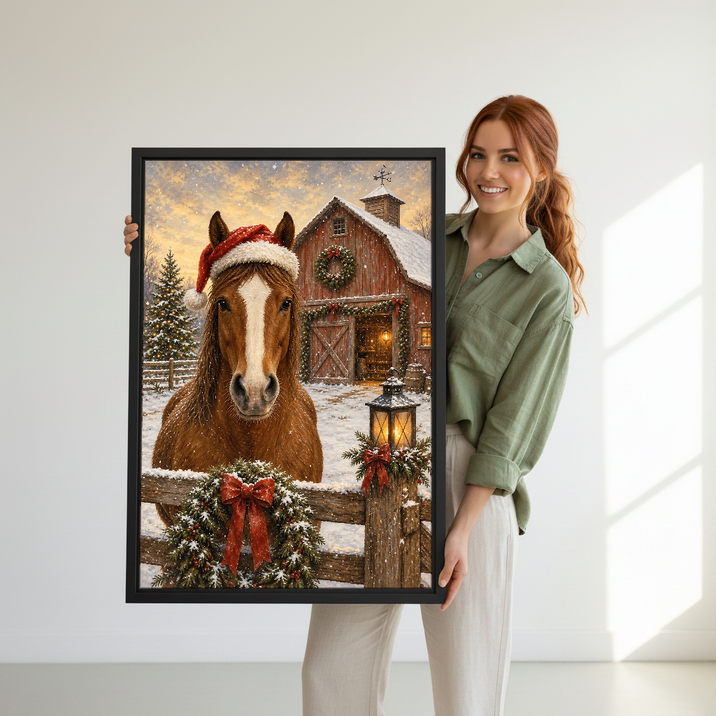 Santa Hat Horse Canvas Wall Art held in a black frame by a standing woman in green.