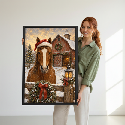 Santa Hat Horse Canvas Wall Art held in a black frame by a standing woman in green.