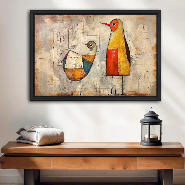 Abstract Birds Canvas Wall Art framed above a wood console with linen and lantern.