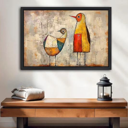 Abstract Birds Canvas Wall Art framed above a wood console with linen and lantern.