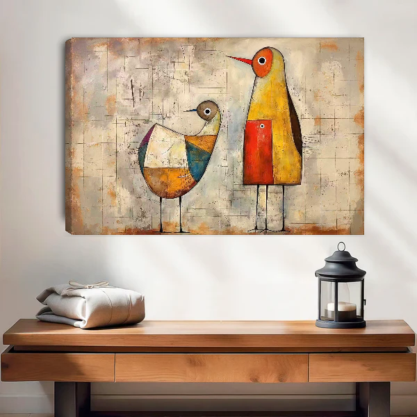 Abstract Birds Canvas Wall Art unframed above a wood console with linen and lantern.