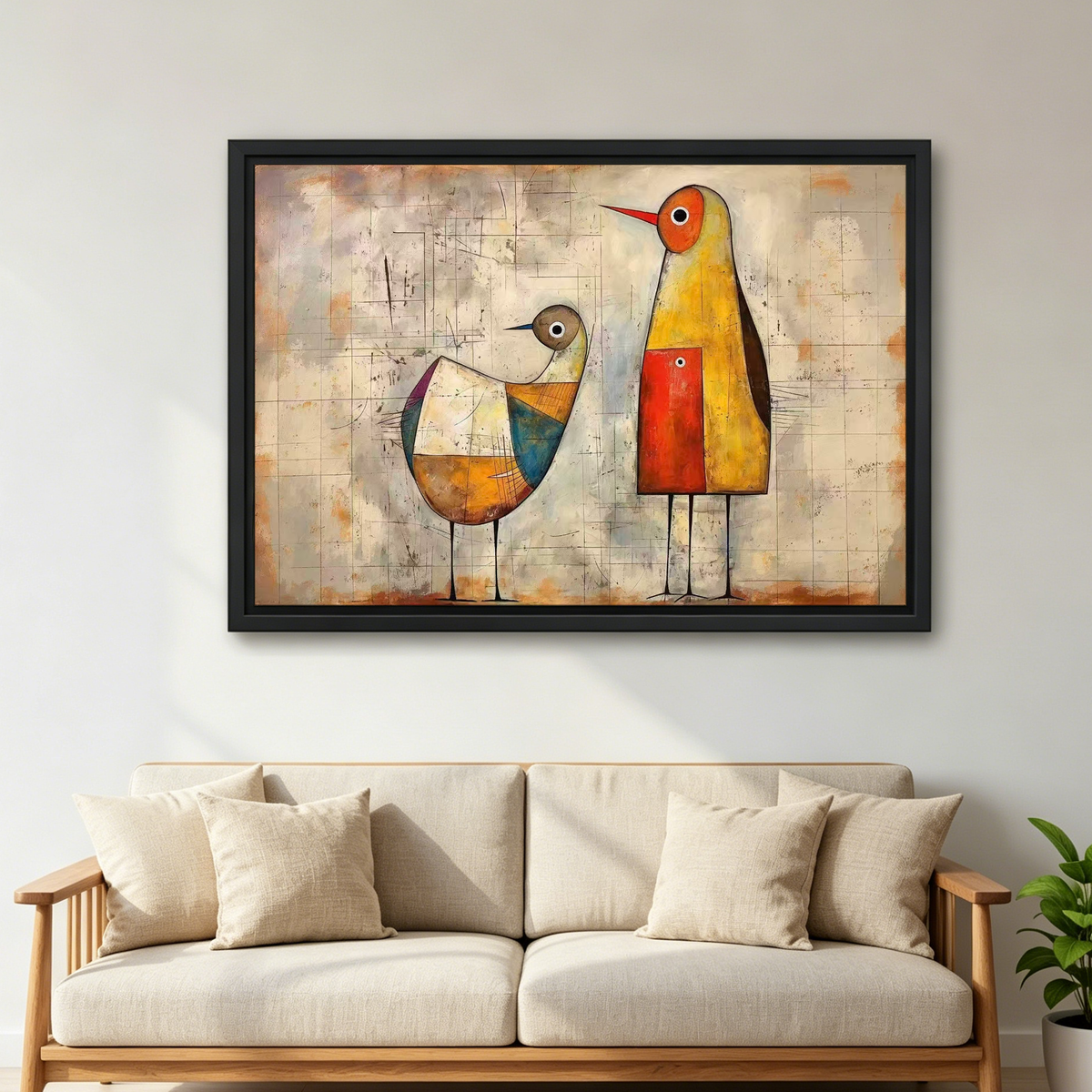 Abstract Birds Canvas Wall Art framed above a cream sofa with wooden arms.