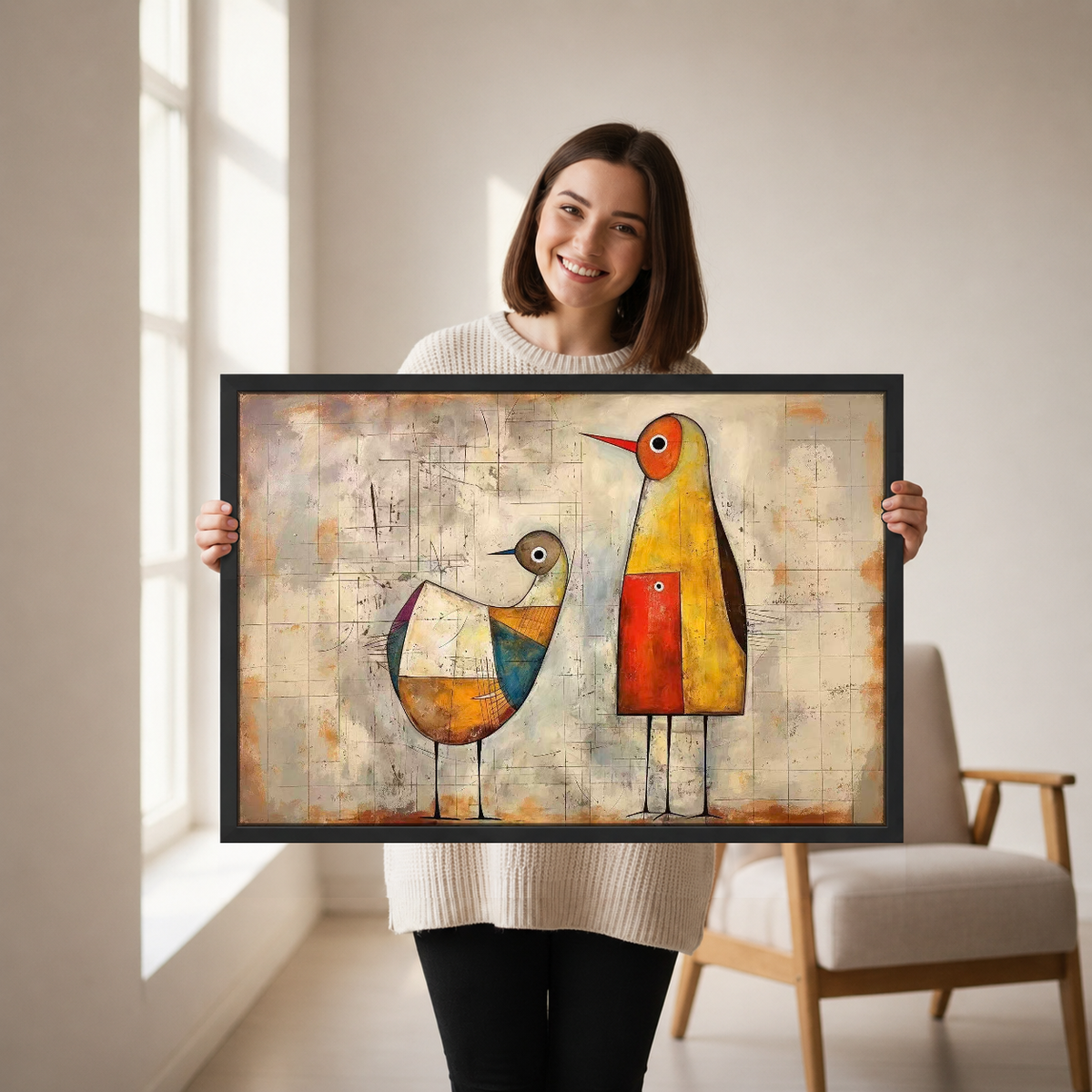 Abstract Birds Canvas Wall Art held in a black landscape frame by a standing woman.