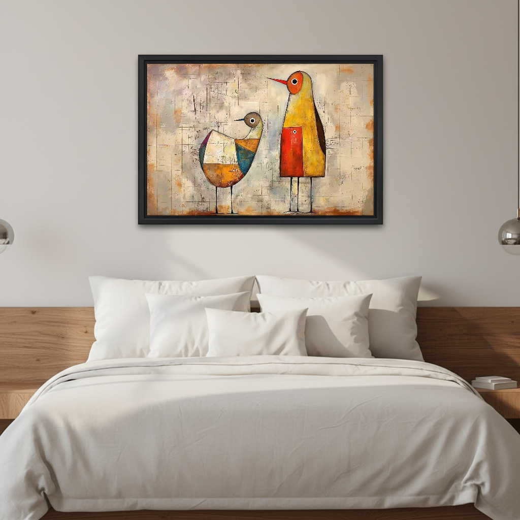 Abstract Birds Canvas Wall Art framed above white bedding and a warm wood headboard.