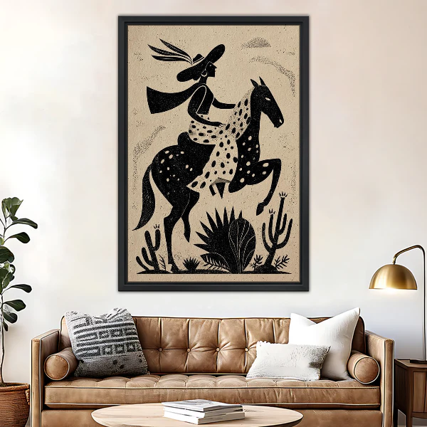 Western Cowgirl Canvas Wall Art framed above a brown leather sofa and brass lamp.