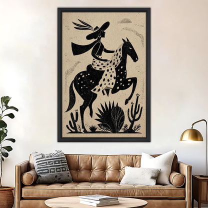 Western Cowgirl Canvas Wall Art framed above a brown leather sofa and brass lamp.