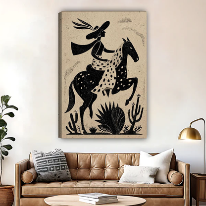 Western Cowgirl Canvas Wall Art unframed above a brown leather sofa and brass lamp.