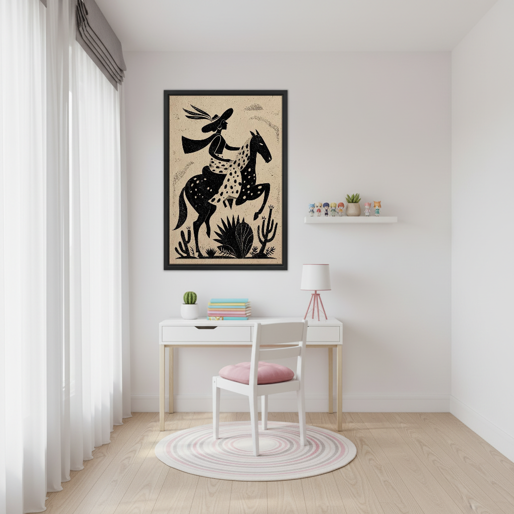 Western Cowgirl Canvas Wall Art framed above a white study desk with pink chair.