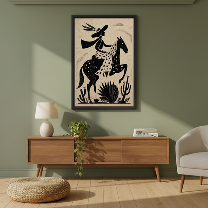 Western Cowgirl Canvas Wall Art framed above a wood console against an olive wall.