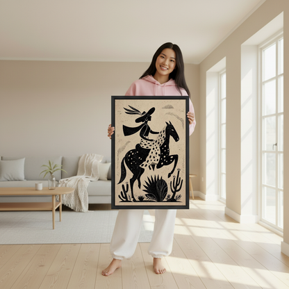 Western Cowgirl Canvas Wall Art held in a black frame by a woman wearing pink.