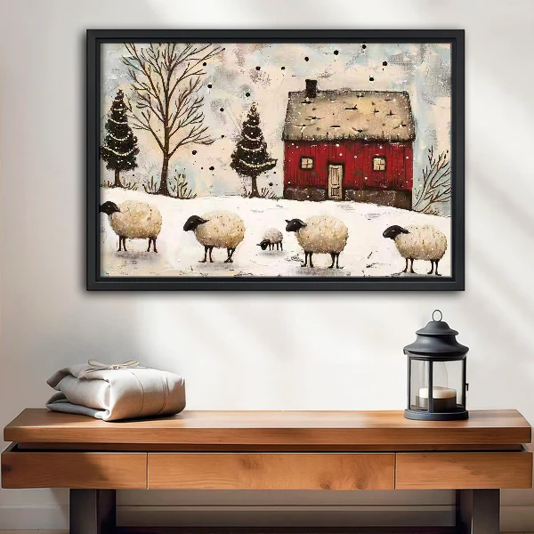 Winter Sheep Canvas Wall Art framed above a wood console with linen and lantern.