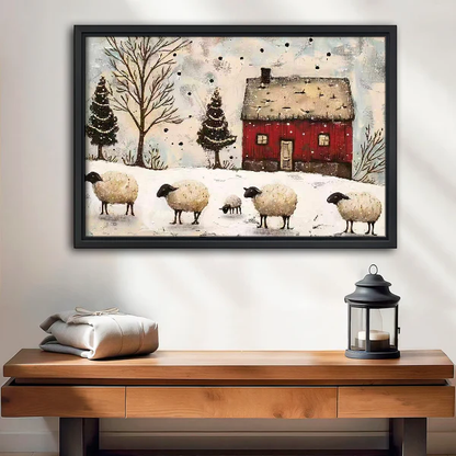 Winter Sheep Canvas Wall Art framed above a wood console with linen and lantern.