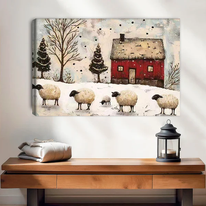 Winter Sheep Canvas Wall Art unframed above a wood console with linen and lantern.