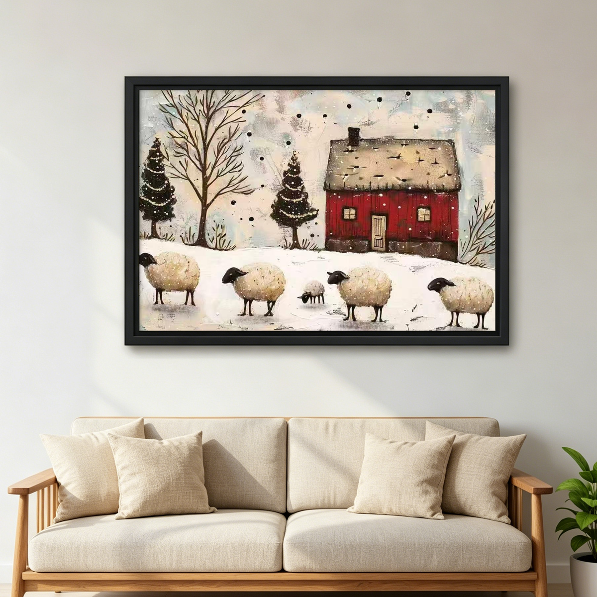 Winter Sheep Canvas Wall Art framed above a cream sofa with wooden arms.
