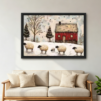Winter Sheep Canvas Wall Art framed above a cream sofa with wooden arms.