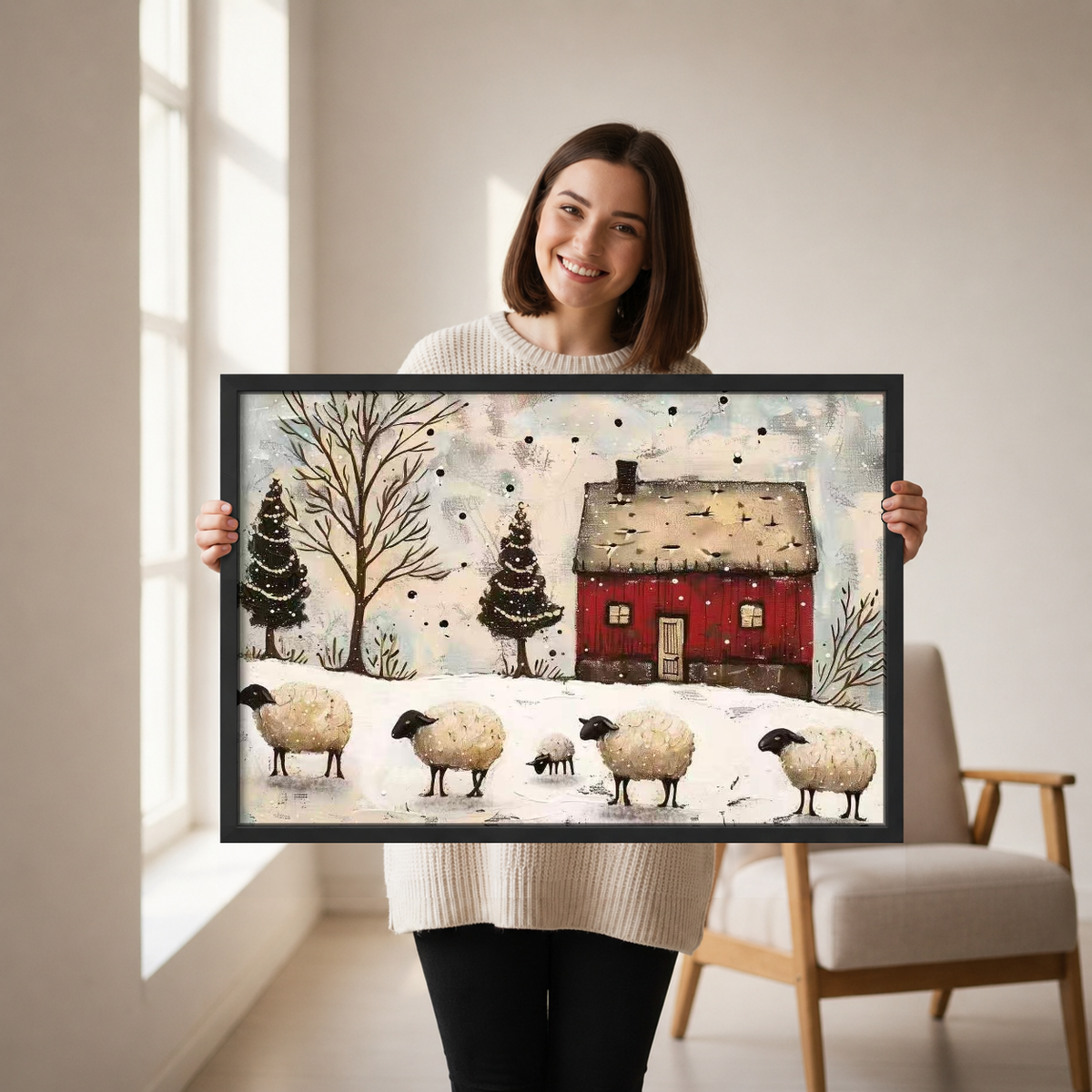 Winter Sheep Canvas Wall Art held in a black landscape frame by a standing woman.