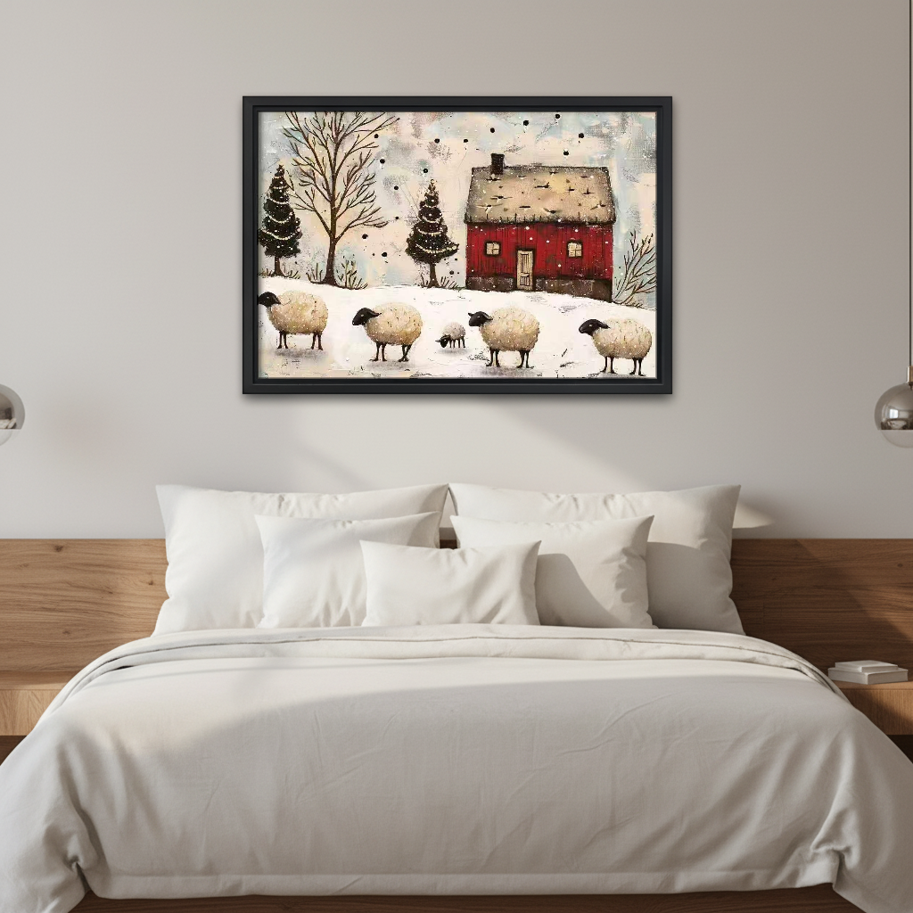 Winter Sheep Canvas Wall Art framed above white bedding and a warm wood headboard.