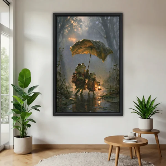 Frog Umbrella Canvas Wall Art framed above a wood table with green plants.