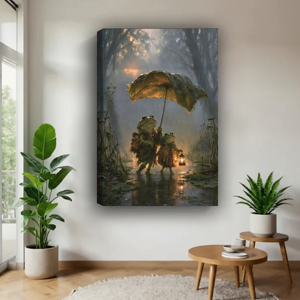 Frog Umbrella Canvas Wall Art unframed above a wood table with green plants.