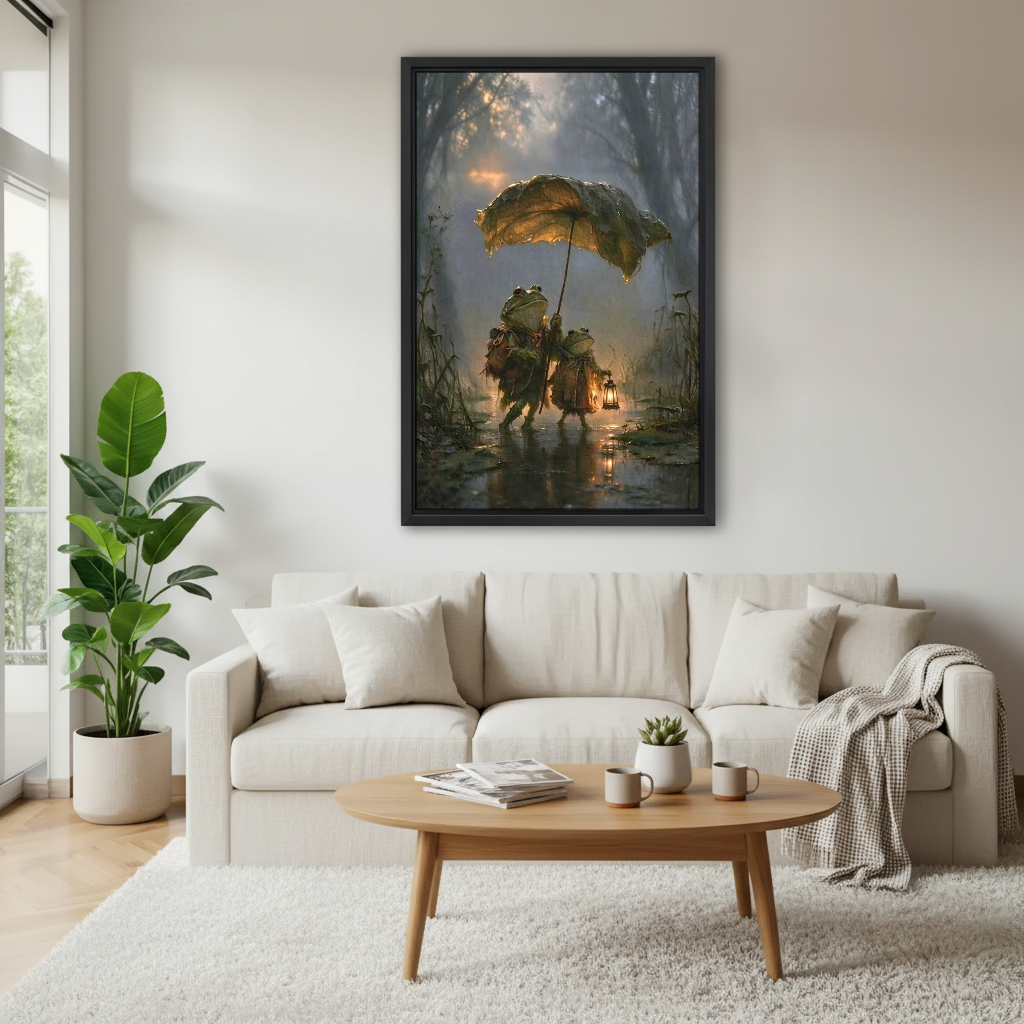 Frog Umbrella Canvas Wall Art framed above a white sofa and round coffee table.