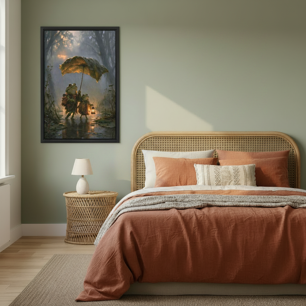 Frog Umbrella Canvas Wall Art framed above copper bedding against a muted olive wall.