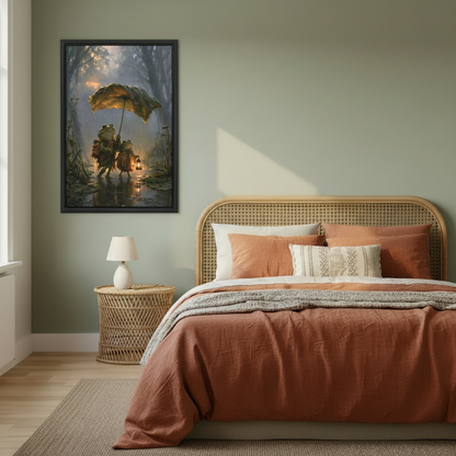 Frog Umbrella Canvas Wall Art framed above copper bedding against a muted olive wall.