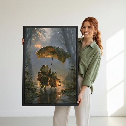 Frog Umbrella Canvas Wall Art held in a black frame by a woman wearing green.